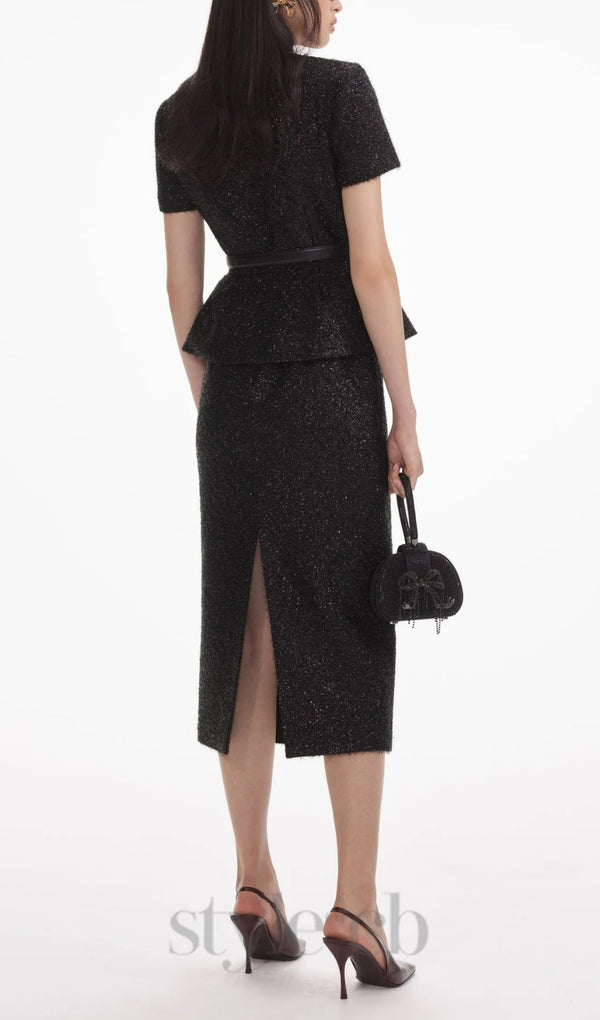 BLACK TINSEL BOUCLE TAILORED MIDI DRESS