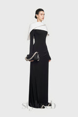 black maxi dress with draped asymmetrical shoulder pleat