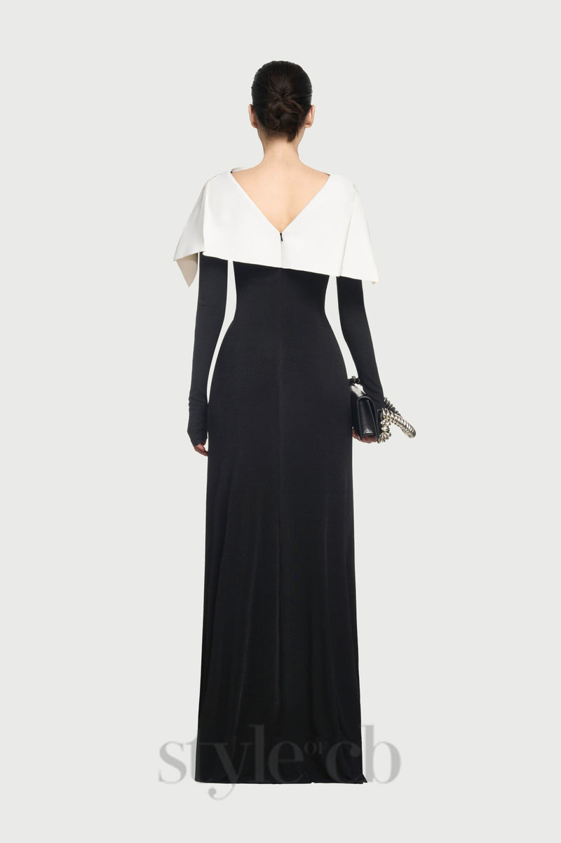 black maxi dress with draped asymmetrical shoulder pleat