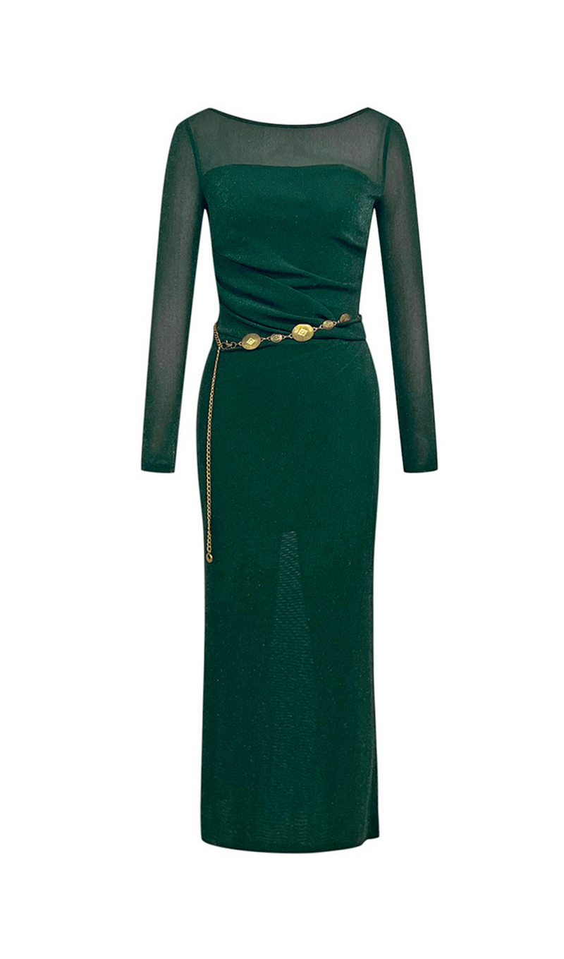 GREEN ONE-SHOULDER MESH MIDI DRESS