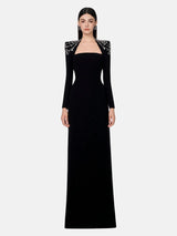 crystal-embellished black long sleeve maxi dress