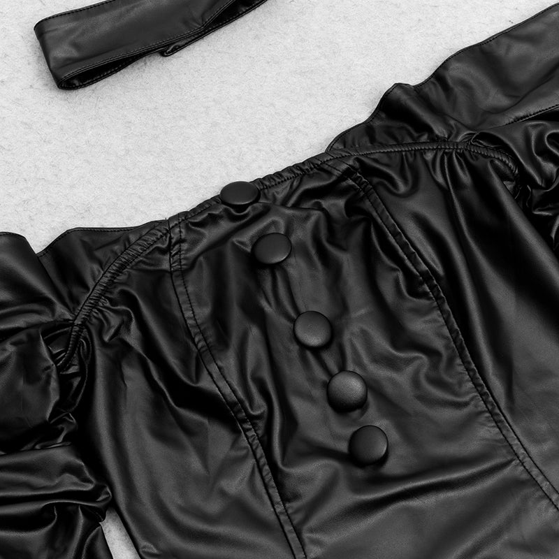 BLACK OFF-SHOULDER LONG-SLEEVED LEATHER DRESS WITH SLIT