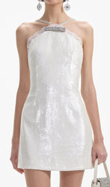 CREAM SEQUIN HALTER MINI DRESS