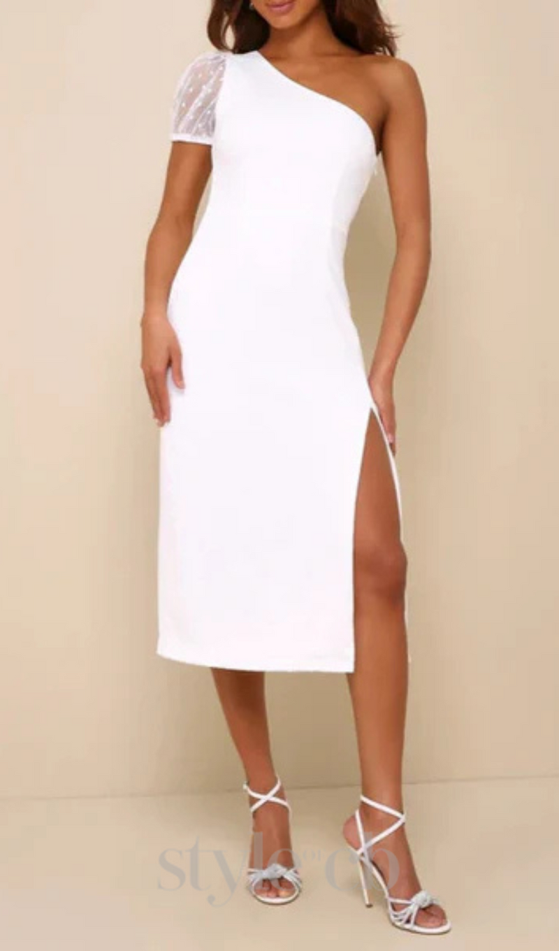 Amazing Glamour White Polka Dot Mesh One-Shoulder Midi Dress