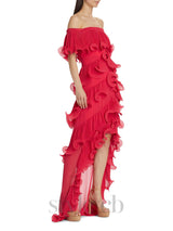 DORA ROSE RED OFF-SHOULDER PLEATED ORGANZA MAXI DRESS