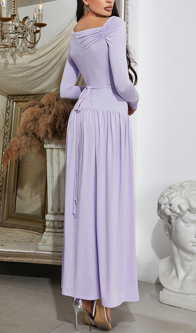 LAVENDER OFF-SHOULDER LONG-SLEEVED PLEATED MAXI DRESS