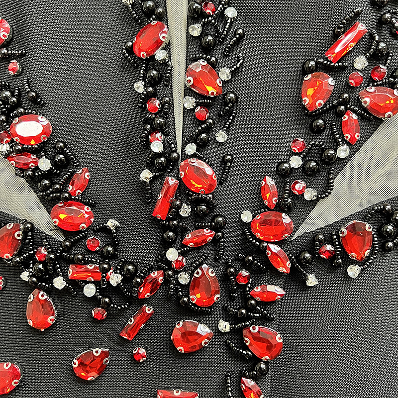 LONG SLEEVE RED CRYSTALS DRESS BLACK