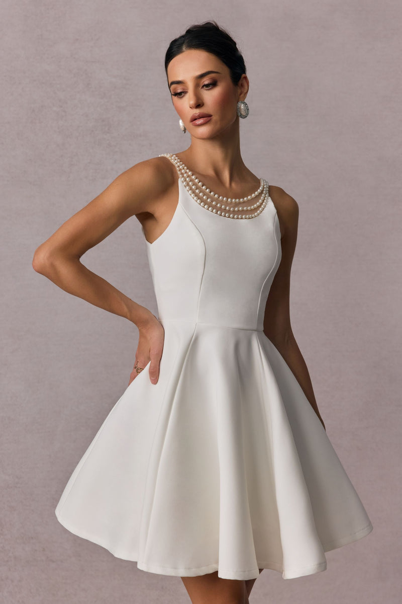 camille Open Back Pearl Embelished Mini Dress in white