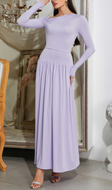 LAVENDER OFF-SHOULDER LONG-SLEEVED PLEATED MAXI DRESS