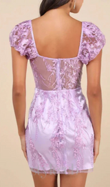 Seriously Cute Lavender Embroidered Mesh Puff Sleeve Mini Dress