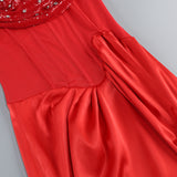 ELMA ONE-SHOULDER CRYSTAL DETAIL HIGH SLIT MAXI DRESS IN RED