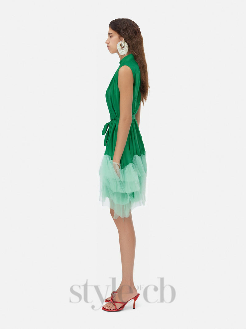 half-high-neckline tulle mini dress in green