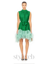 half-high-neckline tulle mini dress in green