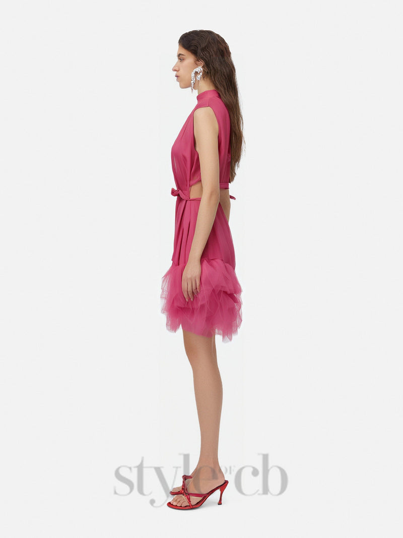 half-high-neckline tulle mini dress in pink