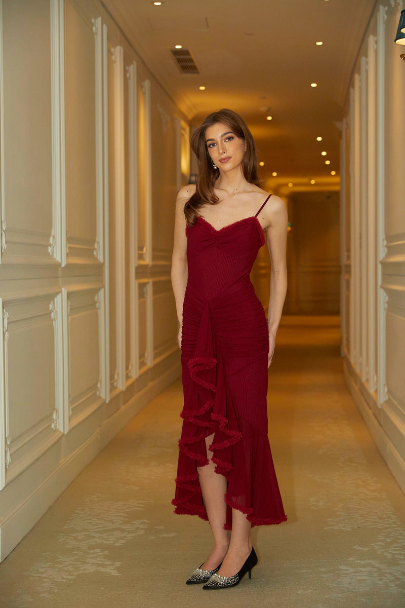 Désirée red ruffle-trim tulle midi dress