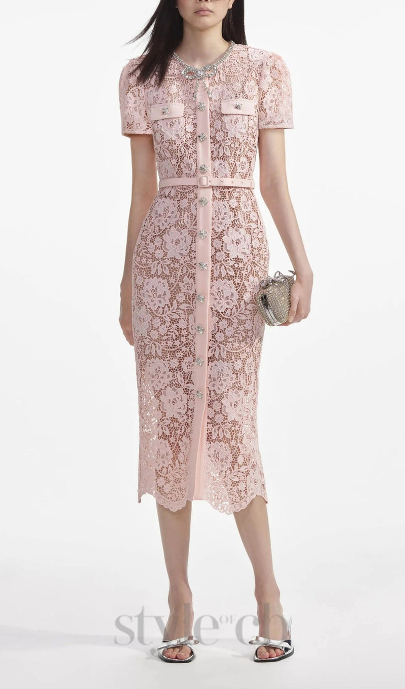 PINK LACE DIAMANTE BOW MIDI DRESS