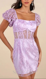 Seriously Cute Lavender Embroidered Mesh Puff Sleeve Mini Dress