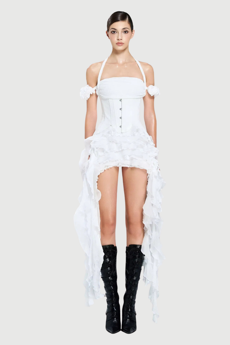elva halter three-dimensional flower irregular tassel mini dress in white
