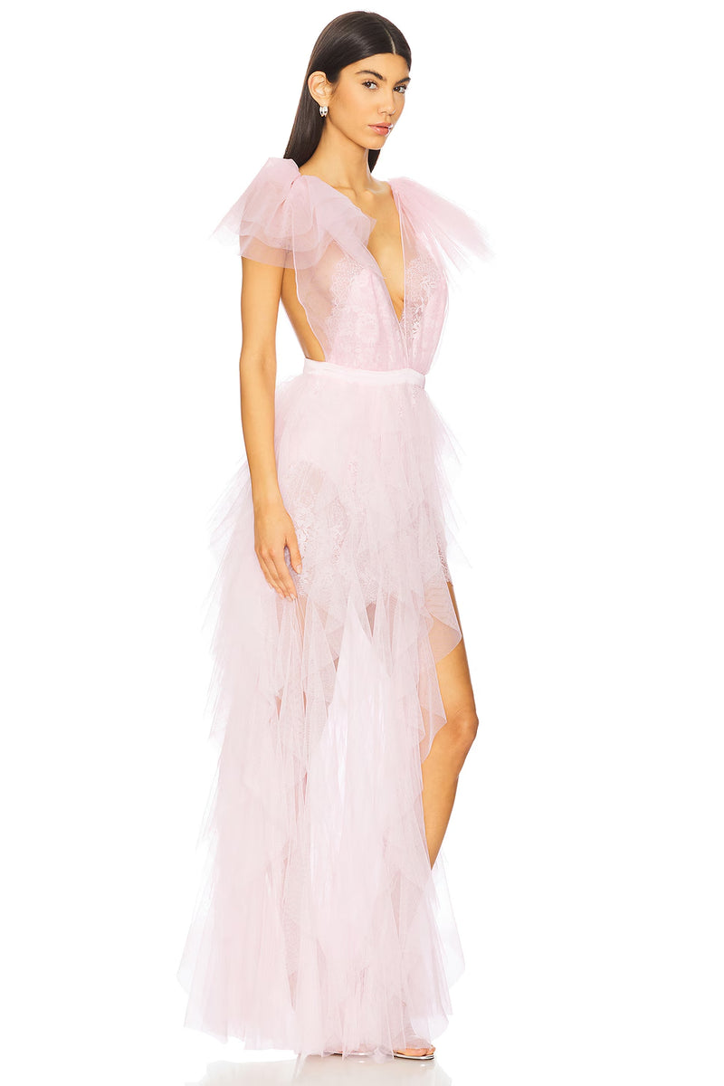ruffle tulle atop floral lace mini dress in pink