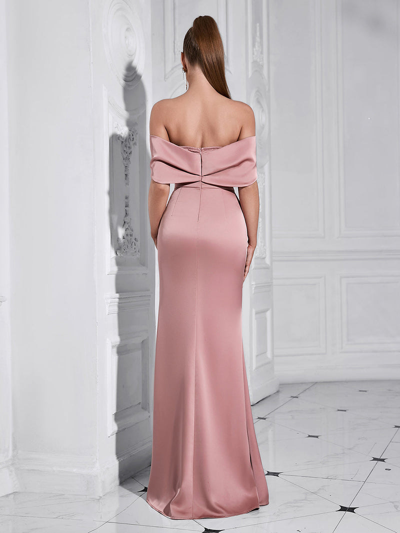 off-shoulder crystal detail satin maxi dress in pink