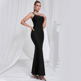 One Shoulder Diamond Bodycon Maxi Dress in black