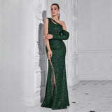 Asymmetric sequin cut out maxi dress in green