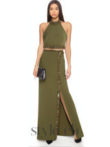 beaded diamond halter top slit skirt suit in green