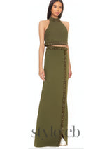 beaded diamond halter top slit skirt suit in green