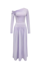 LAVENDER OFF-SHOULDER LONG-SLEEVED PLEATED MAXI DRESS