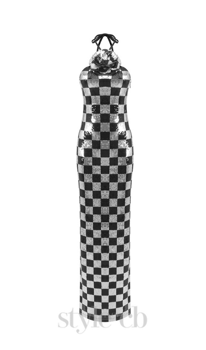 checkerboard sequin halter gown with flower