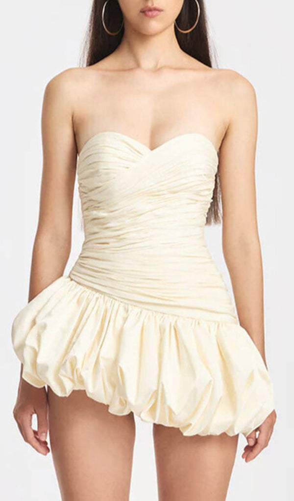 Balloon Draped strapless Mini Dress in white