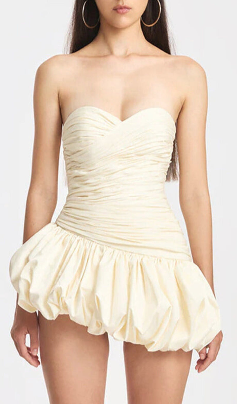 Balloon Draped strapless Mini Dress in white