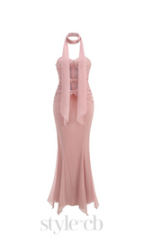 ALYSSA PINK HOLLOW BANDAGE STRAPLESS TULLE MAXI DRESS