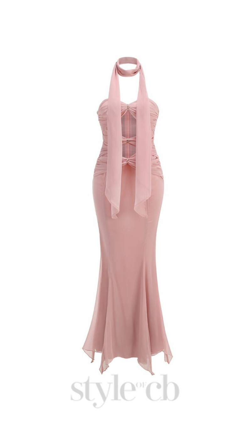 ALYSSA PINK HOLLOW BANDAGE STRAPLESS TULLE MAXI DRESS