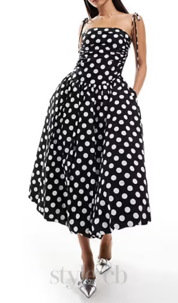 strap midi dress in mono polka dot