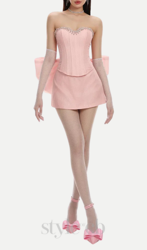 back bowknot embellished skirt suit in pink