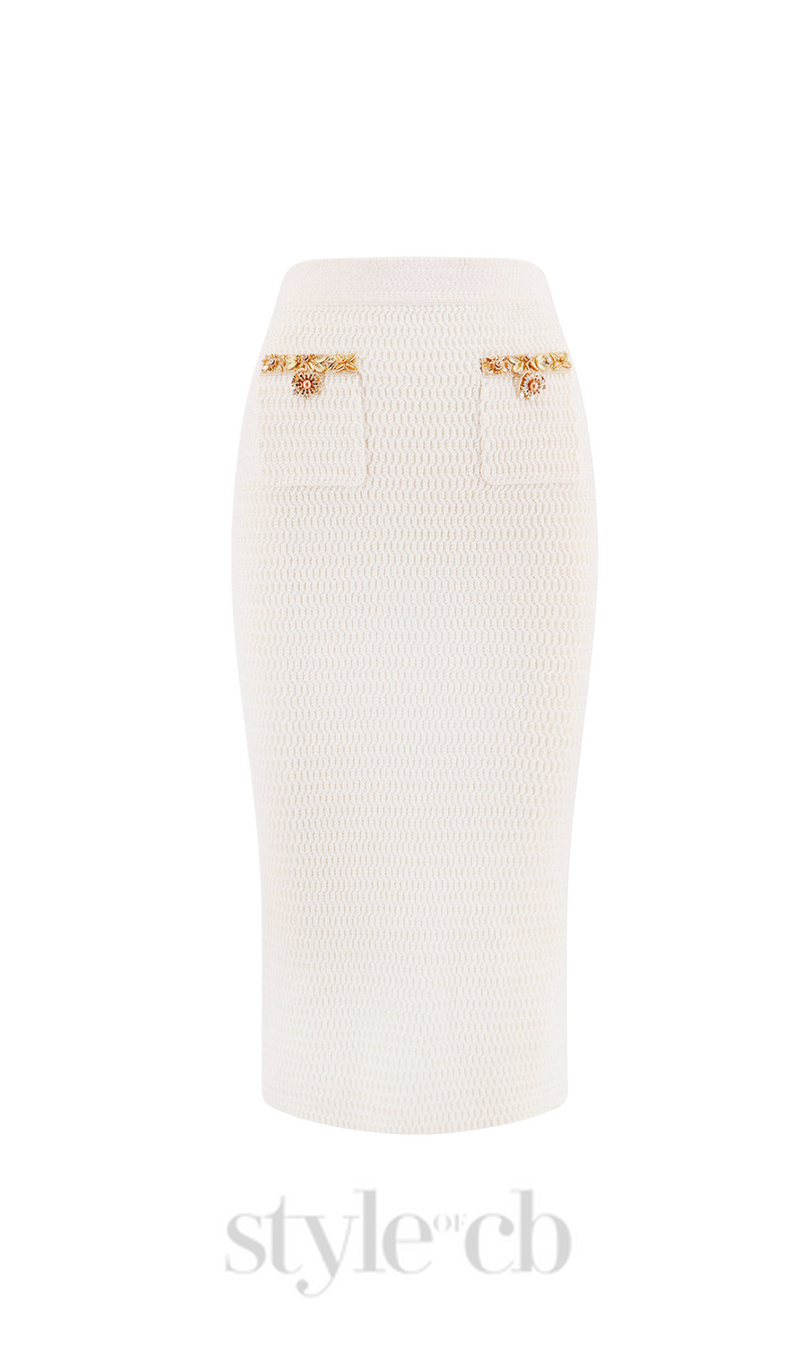 cream lurex knit midi skirt