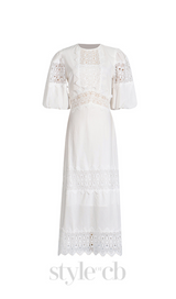 HAZEL WHITE EMBROIDERED ROUND NECK PUFF SLEEVE MIDI DRESS