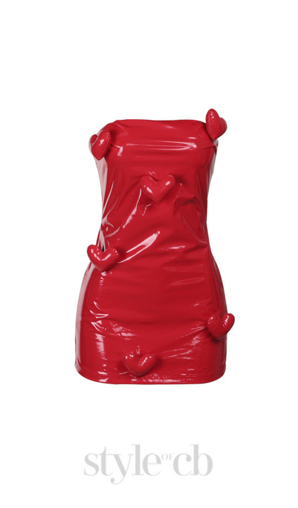 ELLA STRAPLESS HEART EMBELLISHED LEATHER MINI DRESS IN RED