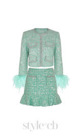 STEPHANIE BOUCLE FEATHER JACKET SUIT IN GREEN