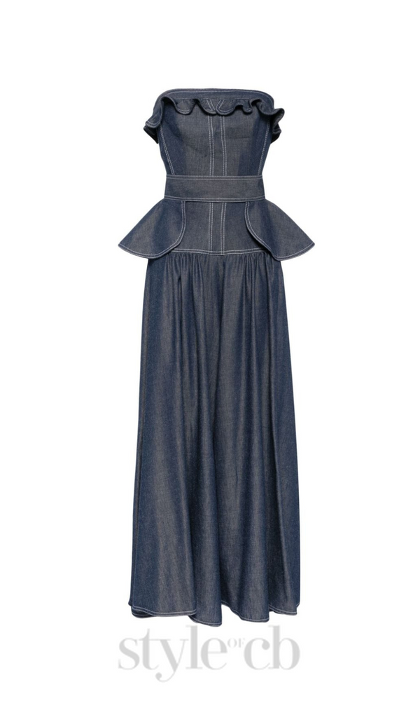 SIGRID PEPLUM-WAIST DENIM JUMPSUIT IN NAVY BLUE