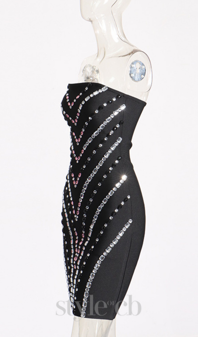 FREDA RHINESTONE PATCHWORK STRAPLESS BODYCON MINI DRESS