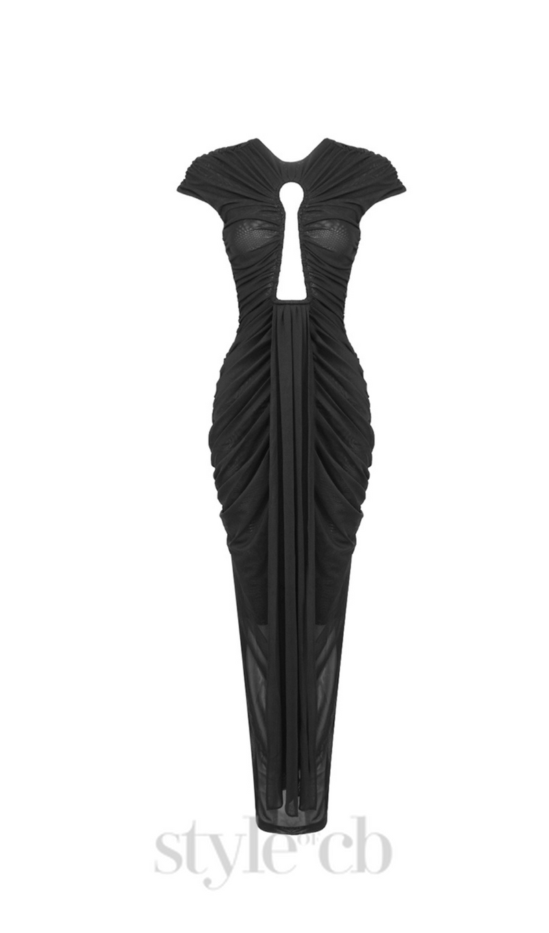 BRIANNA DRAPED KEYHOLE BODYCON GOWN IN BLACK