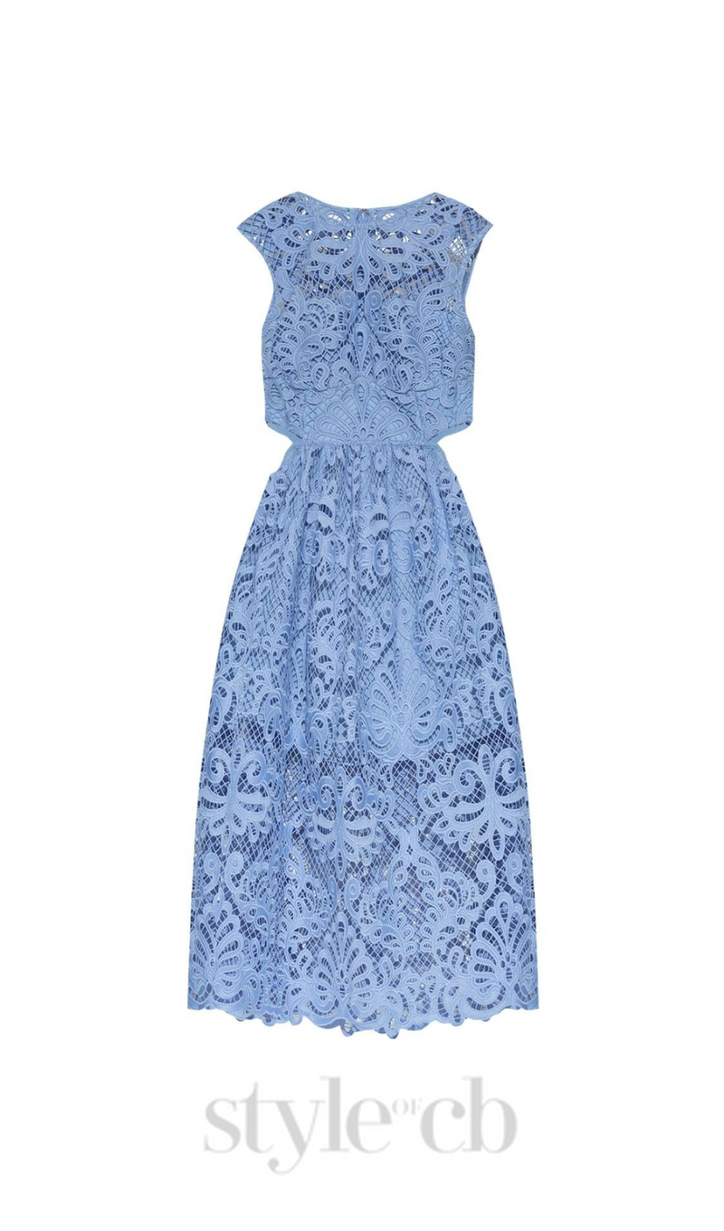 FANNY CUT-OUT LACE EMBROIDERY MIDI DRESS IN BLUE