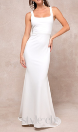 white bow square neck backless maxi dress