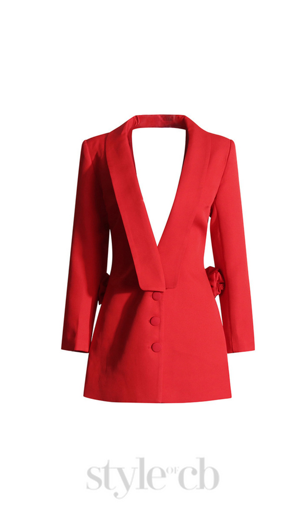 ELAINE DACRE BACK CUTOUT FLOWER BLAZER IN RED