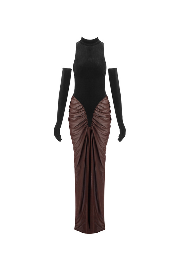 velvet mesh patchwork maxi dress in black