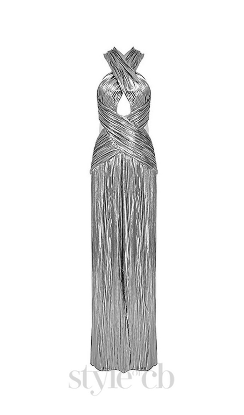 ELSA METALLIC CRISS CROSS HALTER NECK GOWN