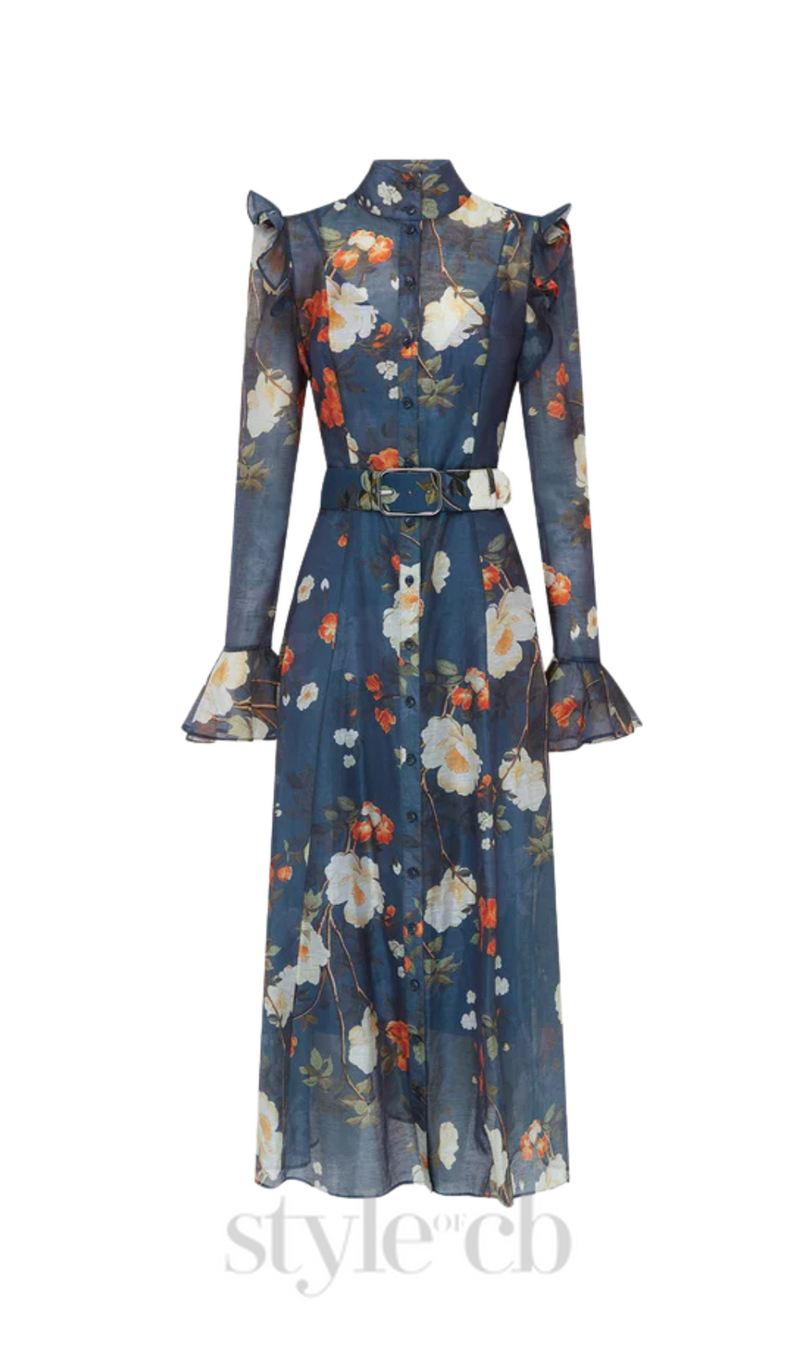 Pear Blossom Print Butterfly Sleeve Midi Dress