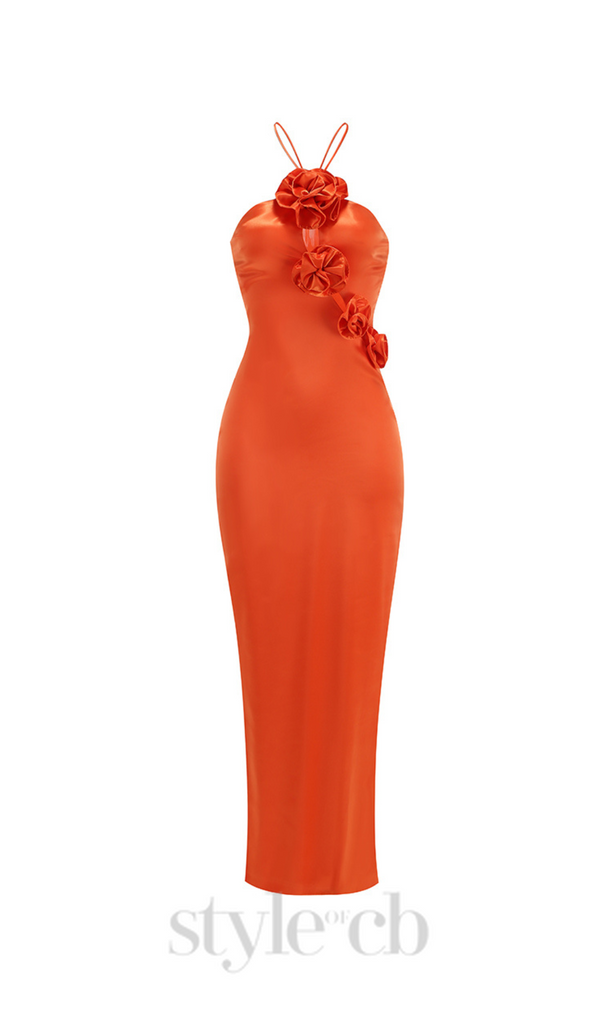 VERNA ORANGE 3D FLOWER DETAILED CUTOUT MAXI DRESS